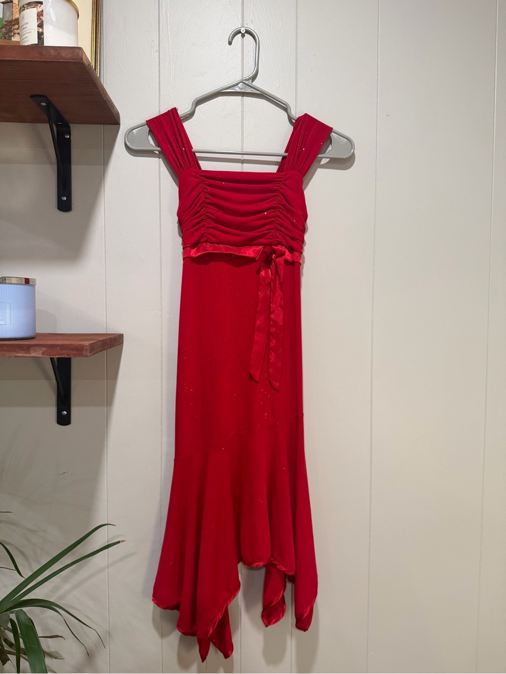 My Michelle Red Ruched Bodice Handkerchief Hem Dress